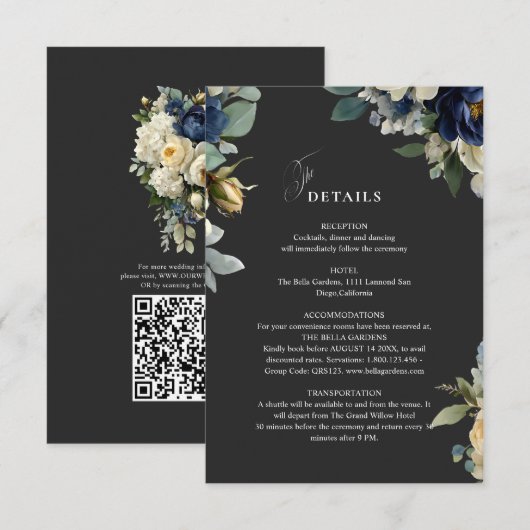 エレガントなネイビーブルーの花と芍薬の結婚式ディテール エンクロージャーカード (正面/裏面)
