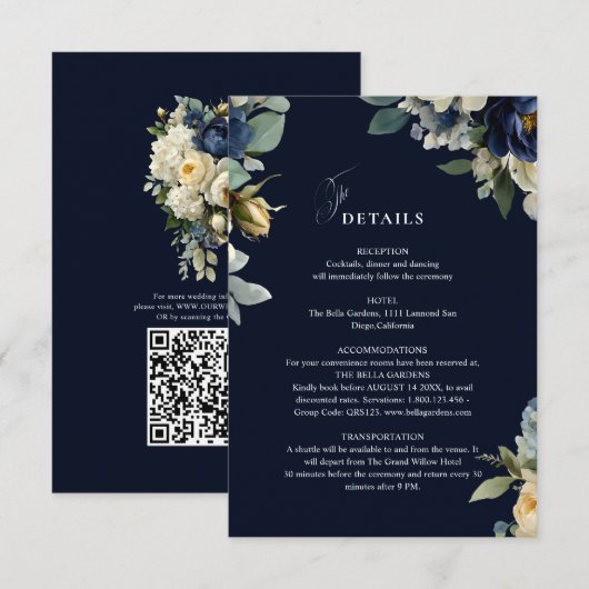 エレガントなネイビーブルーの花と芍薬の結婚式ディテール エンクロージャーカード (正面/裏面)