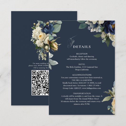 エレガントなネイビーブルーの花と芍薬の結婚式ディテール エンクロージャーカード (正面/裏面)
