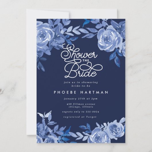 エレガントなネイビーブルーの花柄のブライズシャワー 招待状 (正面)