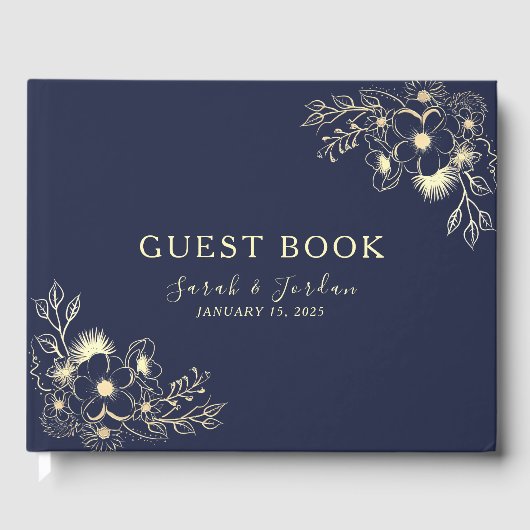エレガントなネイビーブルーの花柄 ウェディング ゲストブック (正面)