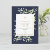 エレガントなネイビーブルーの葬儀追悼記念ゴールドクロス サンキューカード (スタンド正面)