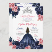 エレガントなネイビーブルーの蝶のピンクの花のミス・キンセ 招待状 (正面/裏面)