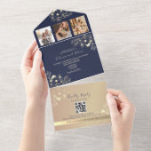 エレガントなネイビーブルーのQRコード付き結婚式 オールインワン招待状 (貼ってはがせる)