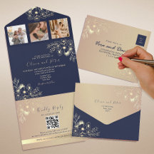 エレガントなネイビーブルーのQRコード付き結婚式