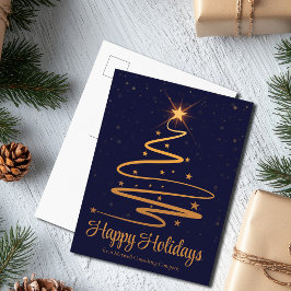 エレガントなネイビーブルーゴールドのクリスマスツリー シーズンポストカード