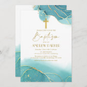 エレガントなネイビーブルーゴールド洗礼招待状 招待状 (正面/裏面)