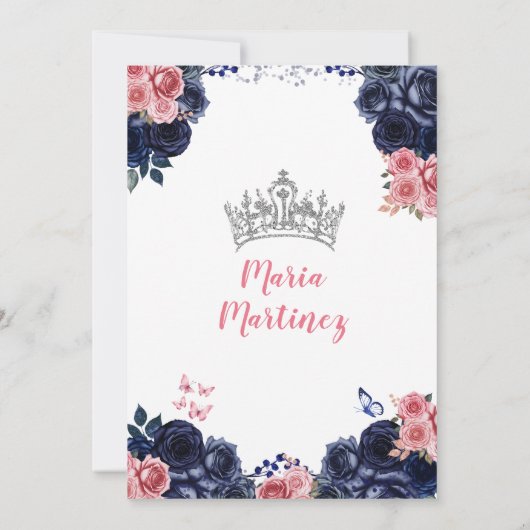 エレガントなネイビーブルーバタフライピンクフローラルミカンス 招待状 (裏面)