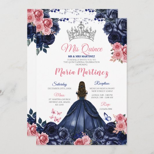 エレガントなネイビーブルーバタフライピンクフローラルミカンス 招待状 (正面/裏面)