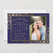 エレガントなネイビーブルー＆ゴールドのカレンダー＆写真 ウェディング セーブザデート (正面)