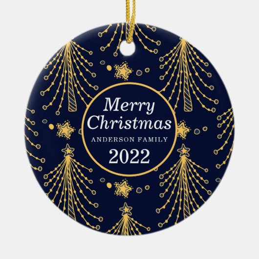 エレガントなネイビーブルー ゴールドのクリスマスツリー 星柄 セラミックオーナメント (正面)