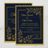 エレガントなネイビーブルー＆ゴールドホイルの結婚式招待状 招待状 (正面/裏面)