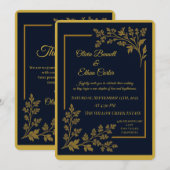 エレガントなネイビーブルー＆ゴールドホイルの結婚式招待状 招待状 (正面/裏面)