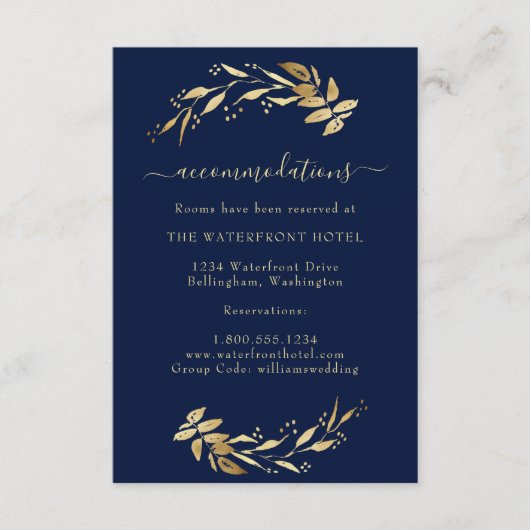 エレガントなネイビーブルー ゴールド 結婚式 宿泊施設 エンクロージャーカード (正面)