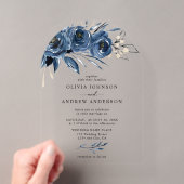 エレガントなネイビーブルー シルバー 水彩 フラワーの結婚式 アクリル招待状 (インサイチュ (ポータブル))