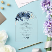 エレガントなネイビーブルー シルバー 水彩 フラワーの結婚式 アクリル招待状 (インサイチュ (ウェディング))