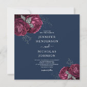エレガントなネイビーブルー バーガンディ レッド 花モモ 招待状 (正面)