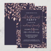 エレガントなネイビーブルー ローズゴールド フローラル リーフ クリスマス 招待状 (正面/裏面)