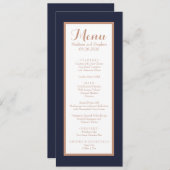エレガントなネイビーブルー、白、フェイクローズゴールドのウェディング メニュー (正面/裏面)