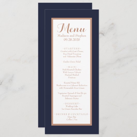 エレガントなネイビーブルー、白、フェイクローズゴールドのウェディング メニュー (正面/裏面)