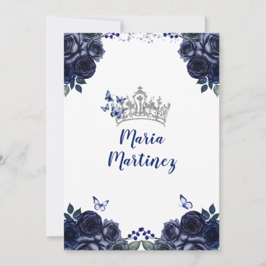 エレガントなネイビープリンセスフローラルシルバーミンス 招待状 (裏面)