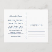 エレガントなネイビー写真コラージュ結婚式のSave the Date 案内ポストカード (裏面)