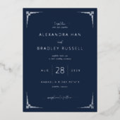 エレガントなネイビー幾何学模様の結婚式招待状 箔招待状 (正面)
