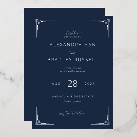 エレガントなネイビー幾何学模様の結婚式招待状 箔招待状 (正面/裏面)
