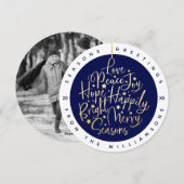 エレガントなネイビー　グリーティング　タイポグラフィ　オーナメント　フォト シーズンカード (正面/裏面)