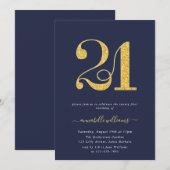 エレガントなネイビー＆ゴールドの21歳の誕生日パーティー 招待状 (正面/裏面)