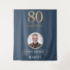 エレガントなネイビー＆ゴールド 80歳 & レジェンダリー 誕生日 タペストリー