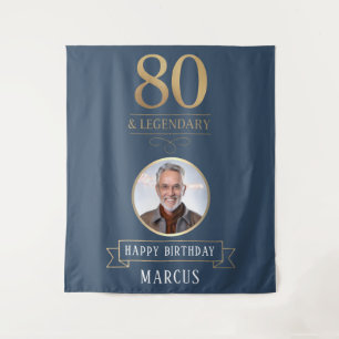 エレガントなネイビー&ゴールド 80歳 & レジェンダリー 誕生日 タペストリー