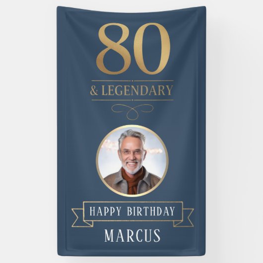エレガントなネイビー&ゴールド 80歳 & レジェンダリー 誕生日 横断幕 (縦)