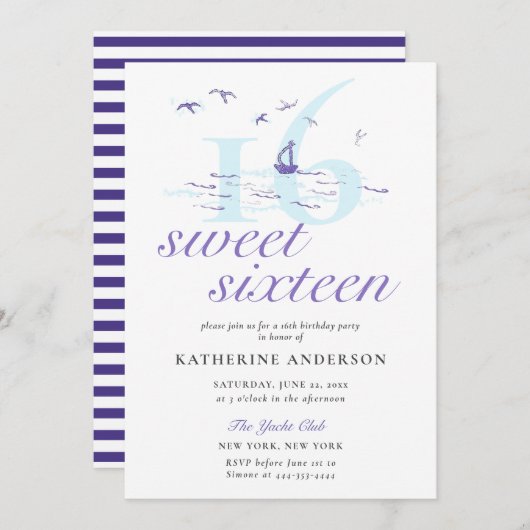 エレガントなネイビー ストライプ ボート 海のスイート 16 招待状 (正面/裏面)