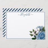 エレガントなネイビー & ダスティーブルー フラワーパーソナライズド ノートカード (正面/裏面)