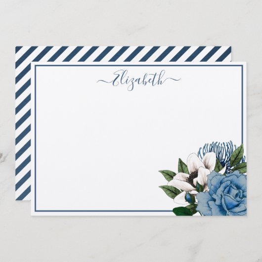 エレガントなネイビー & ダスティーブルー フラワーパーソナライズド ノートカード (正面/裏面)