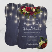 エレガントなネイビー バーガンディ フラワー ラスティック ライト ウェディング 招待状 (正面/裏面)
