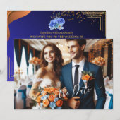 エレガントなネイビー & バーンオレンジ | フォトセーブザデート 招待状 (正面/裏面)