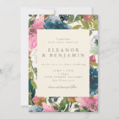 エレガントなネイビー ピンクの水彩ボタニカル ウェディング 招待状 (正面)