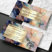 エレガントなネイビー、ピーチ、ゴールドの水彩マーブル 名刺