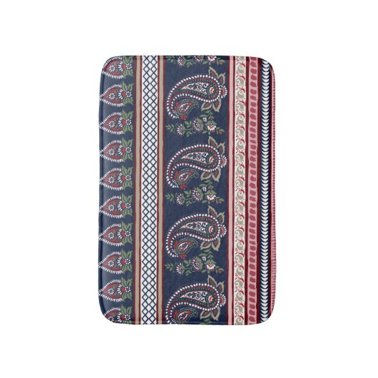 エレガントなネイビー・ペイズリー:タイムレスなボーダー・デザイン バスマット (正面縦)