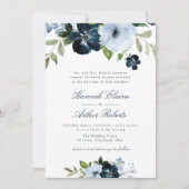 エレガントなネイビー＆ライトブルーの花柄の結婚式 招待状 (正面)