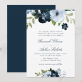 エレガントなネイビー＆ライトブルーの花柄の結婚式 招待状 (正面/裏面)