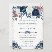 エレガントなネイビー＆ライトブルーの花柄ウェディングドレス 招待状 (正面)