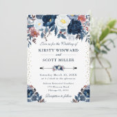 エレガントなネイビー＆ライトブルーの花柄ウェディングドレス 招待状 (スタンド正面)