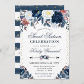 エレガントなネイビー＆ライトブルーの花柄スイートシックスティーン 招待状 (正面/裏面)