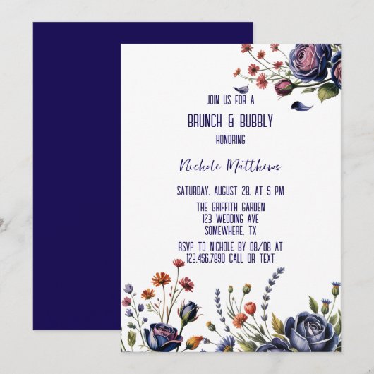 エレガントなネイビー ローズとコーラル ブランシュ & バブル 招待状 (正面/裏面)