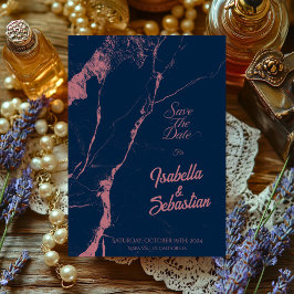エレガントなネイビー＆ローズ マーブル セーブ・ザ・デート ウェディング 招待状