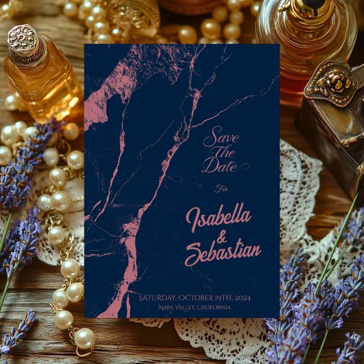 エレガントなネイビー＆ローズ マーブル セーブ・ザ・デート ウェディング 招待状
