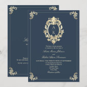 エレガントなネイビーQRコード ウェディング 招待状 (正面/裏面)